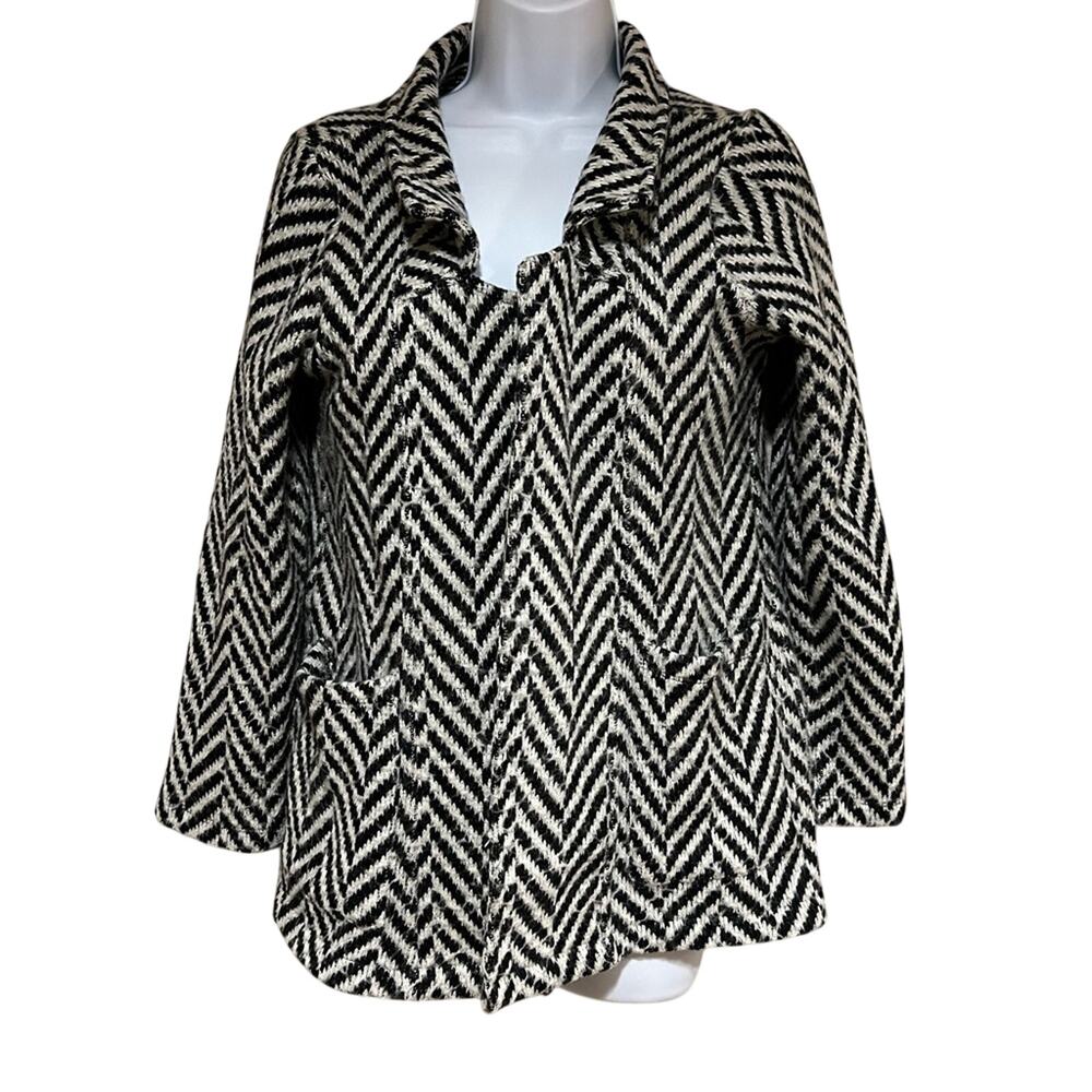 Soft Surroundings Herringbone Knit Jacket Open Front Blazer Black White XS‎ Cozy
